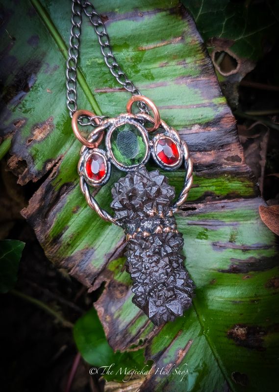 Arcane Trinity: A Pendant of Power and Prophecy – 3.75ct Moldavite, 2.3ct of Gooseberry Garnet, 28g Prophecy Stone – Handmade bespoke electroformed magick