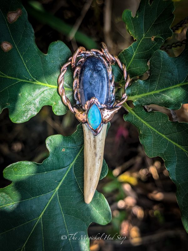 The Beautiful Twilight: Light-filled 1.10ct Ethiopian Opal, Deep Blue with Silver iridescence 21.50ct Iolite & Wild Deer Antler