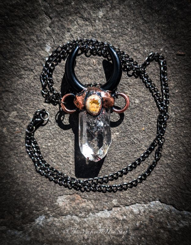 Anima Ardens "Burning Soul" Pendant: 11.92g Harlequin Goboboseb (Brandberg) Quartz, 1.9ct Mexican Fire Opal, 4.13g Obsidian moon