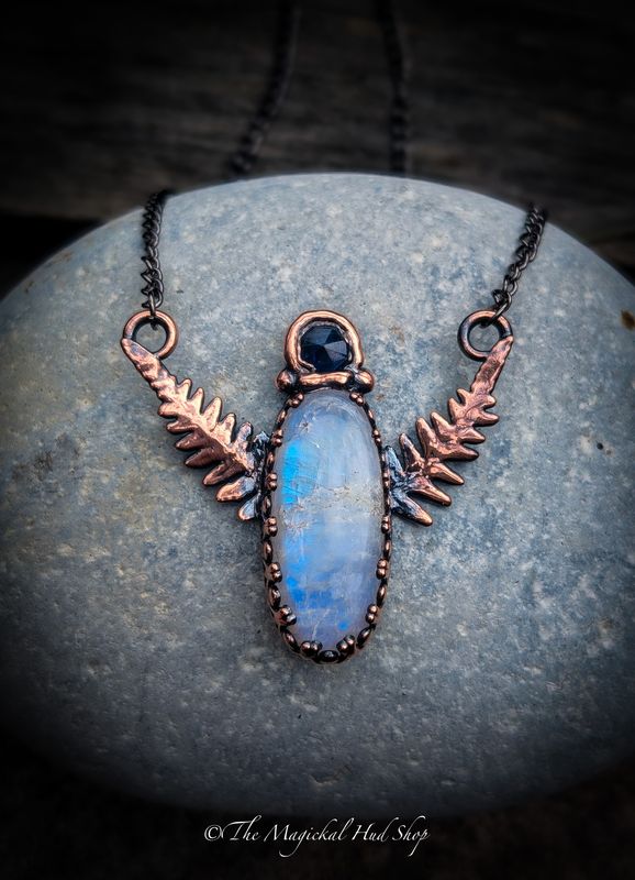 Trine of Gaia's Light: 6.97g 34.85ct Intense Blue Flash Moonstone with 2.45ct Blue Kyanite and two real fern leaves electroformed to preserve