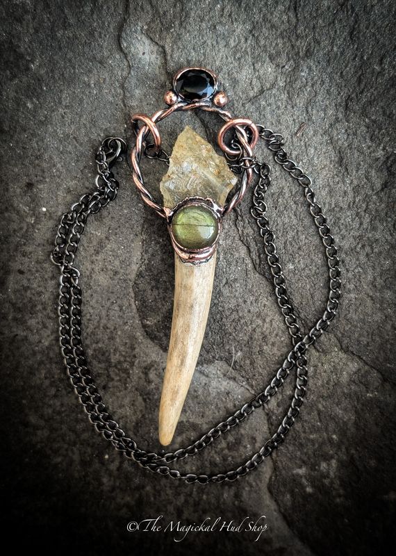 Celestial Terrestrial Skyfire: Deer Antler (ethically sourced) with 2.99g Libyan Desert glass, 2.15ct Moldavite facet and 6.40ct teal gold Labradorite