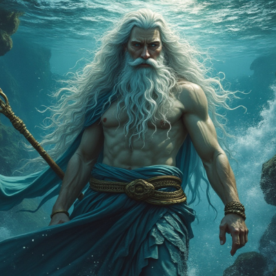 Poseidon, looking angry in the ocean.