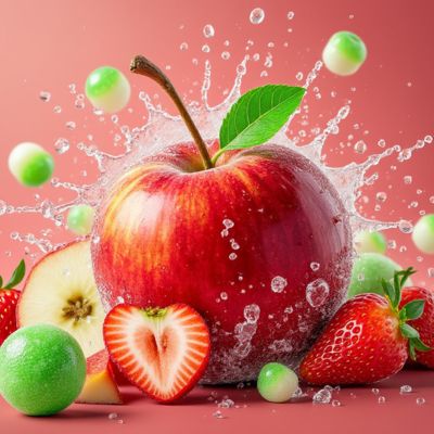 Apple and strawberries are being splashed with water.