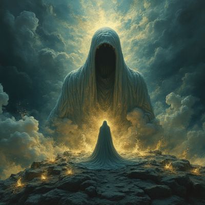 Two large ethereal figures sare tanding in a different plane of reality.