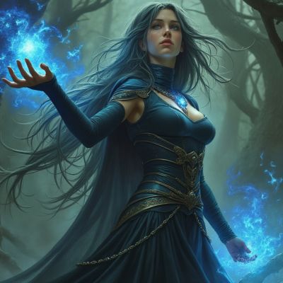 A powerful sorceress in the woods with blue magic around her hands.
