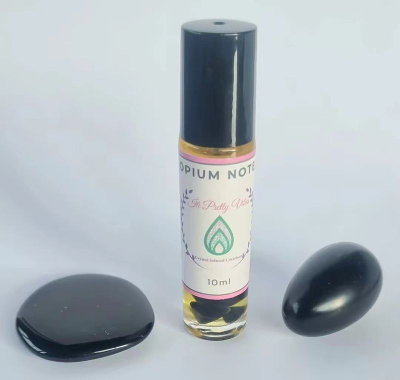 Black Opium Note and Black Obsidian crystal chip perfume roller 