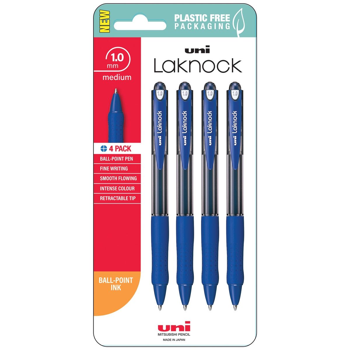 Uni Laknock 1.0mm Medium Retractable Hangsell Pk4, Colour and Tip size: Blue