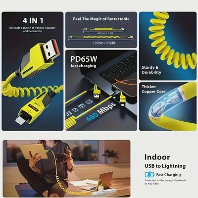 USB Cable -PD- 65W Max 4-in-1 High-Speed Charging Cable - Curly Cord