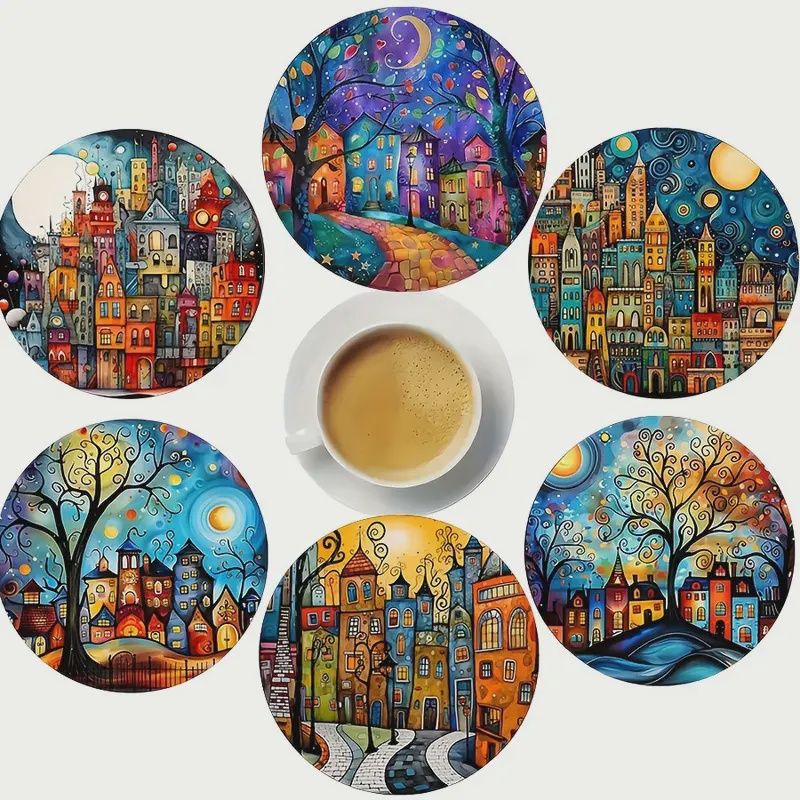 Wooden coaster set 6pc Abstract Country Scenes