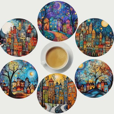 Wooden coaster set 6pc Abstract Country Scenes