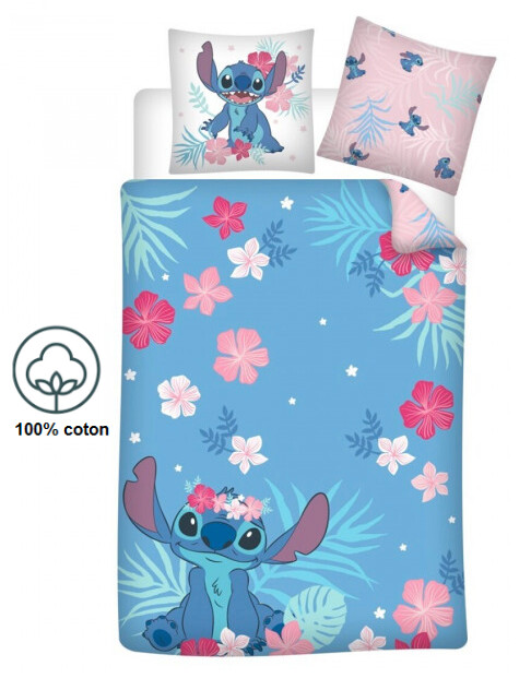 DISNEY - Parure de lit 140x200cm - Stitch Blue Dream &#39;100% Coton&#39; à fleurs