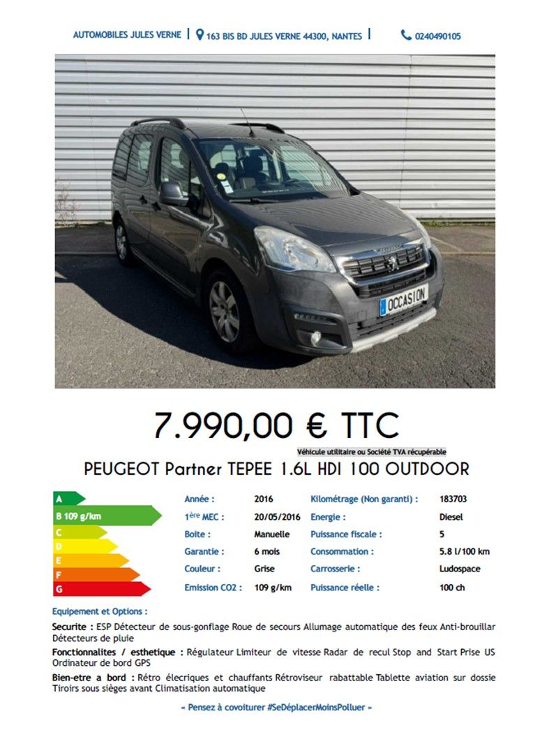 PEUGEOT PARTNER TEPEE 1.6L HDI 100CH OUTDOOR