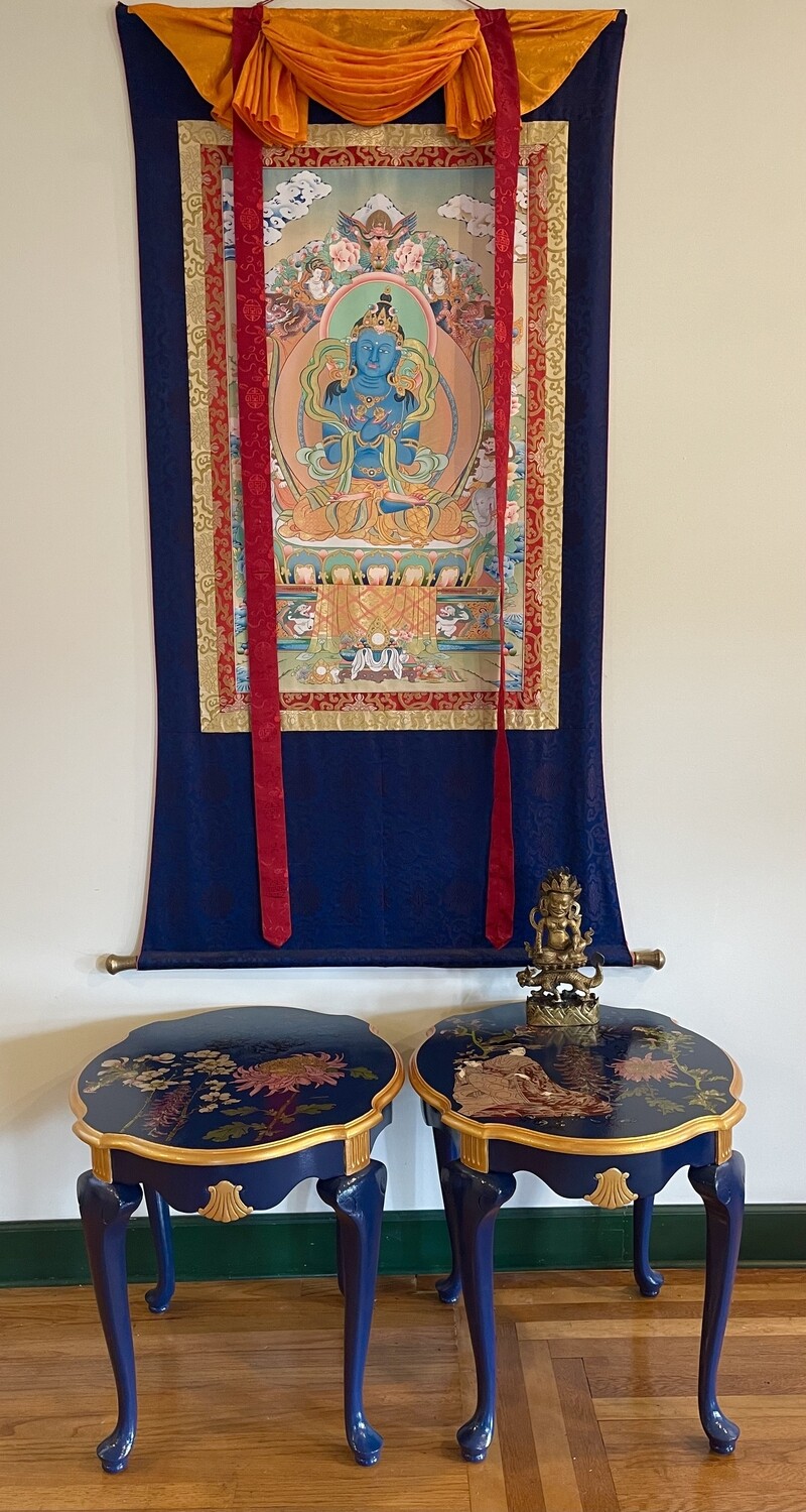 Two Japanese style hand painted lacquer mahogany end tables.