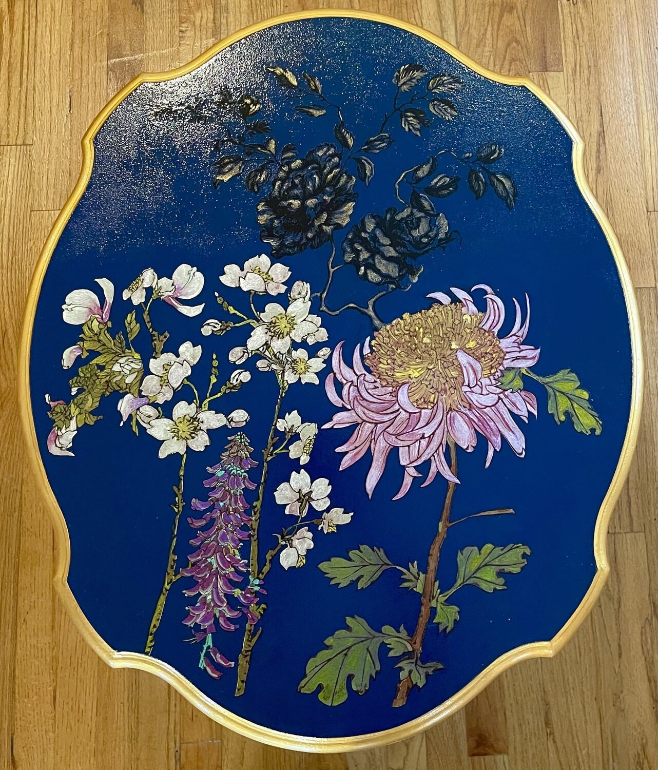 Two Japanese style hand painted lacquer mahogany end tables.