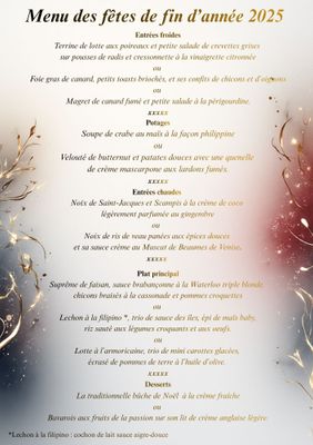 Menu des fêtes de fin d'année NOËL 2025 et NOUVEL AN 2026