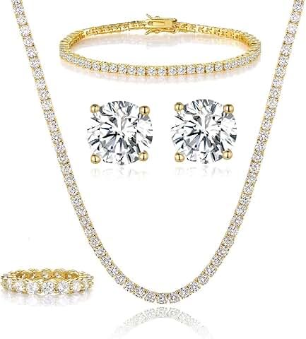 Gemsme 18K Yellow Gold Plated Tennis Necklace/Bracelet/Earrings/Band Ring Sets