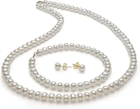 14K Gold Freshwater Pearl 18&quot; Necklace Bracelet Stud Earrings Set for Women | Gift Box Included