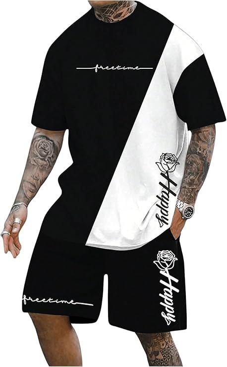 SOLY HUX Men&#39;s Color Block Print Short Sleeve Tee and Drawstring Shorts Summer 2 Piece Sets