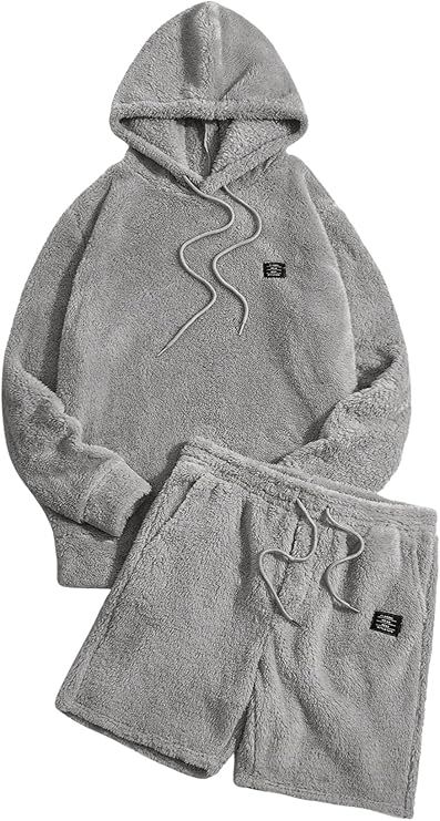 Verdusa Men&#39;s 2 Piece Tracksuit Sets Fleece Fuzzy Hooded Sweatshirt and Shorts