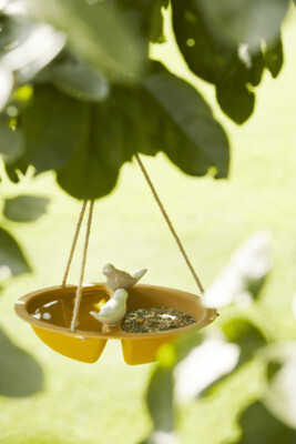 Vogel voederschaal en bad bamboevezel geel