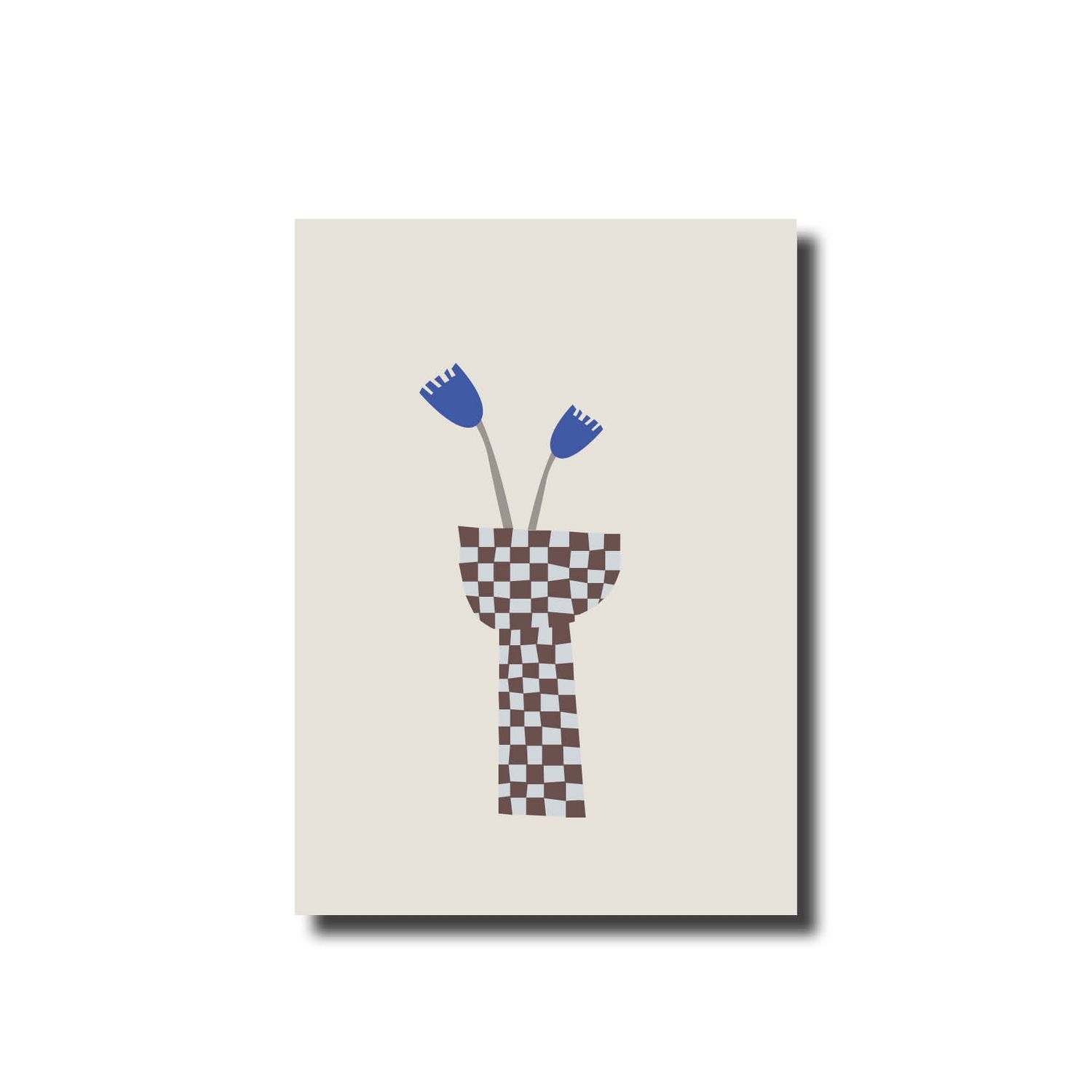 Ansichtkaart bloemen in geblokte vaas