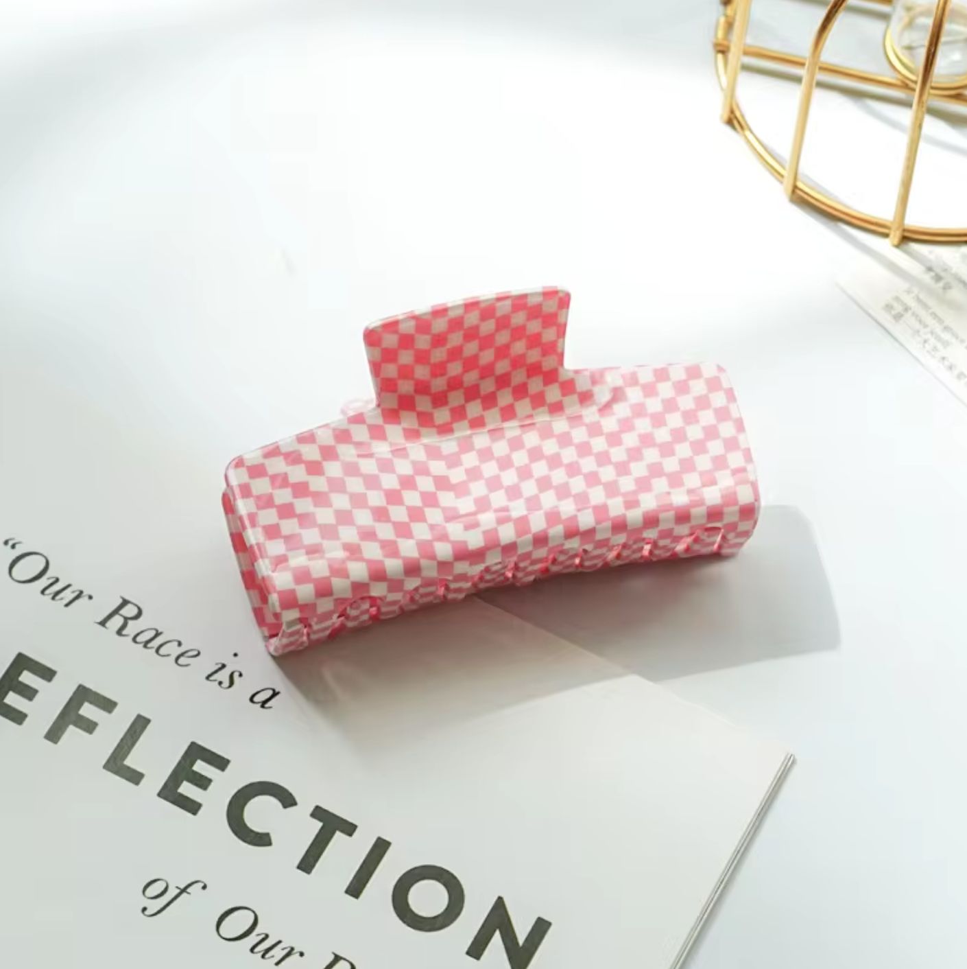 Haar klem checkered  colorful gesloten rechthoekig, Kleur: Roze/wit