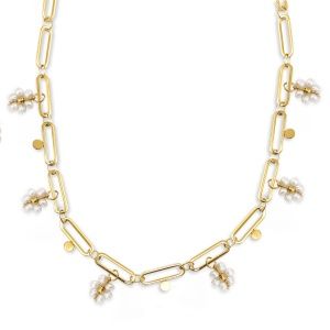 Ketting  stainless steel pearls and flowers Gold