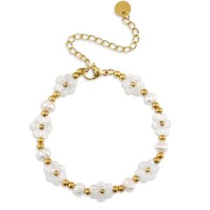 Armband stainless steel pearls and fowers Gold geregen