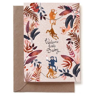 Dubbele kaart &#39;Welcome little baby&#39; monkey