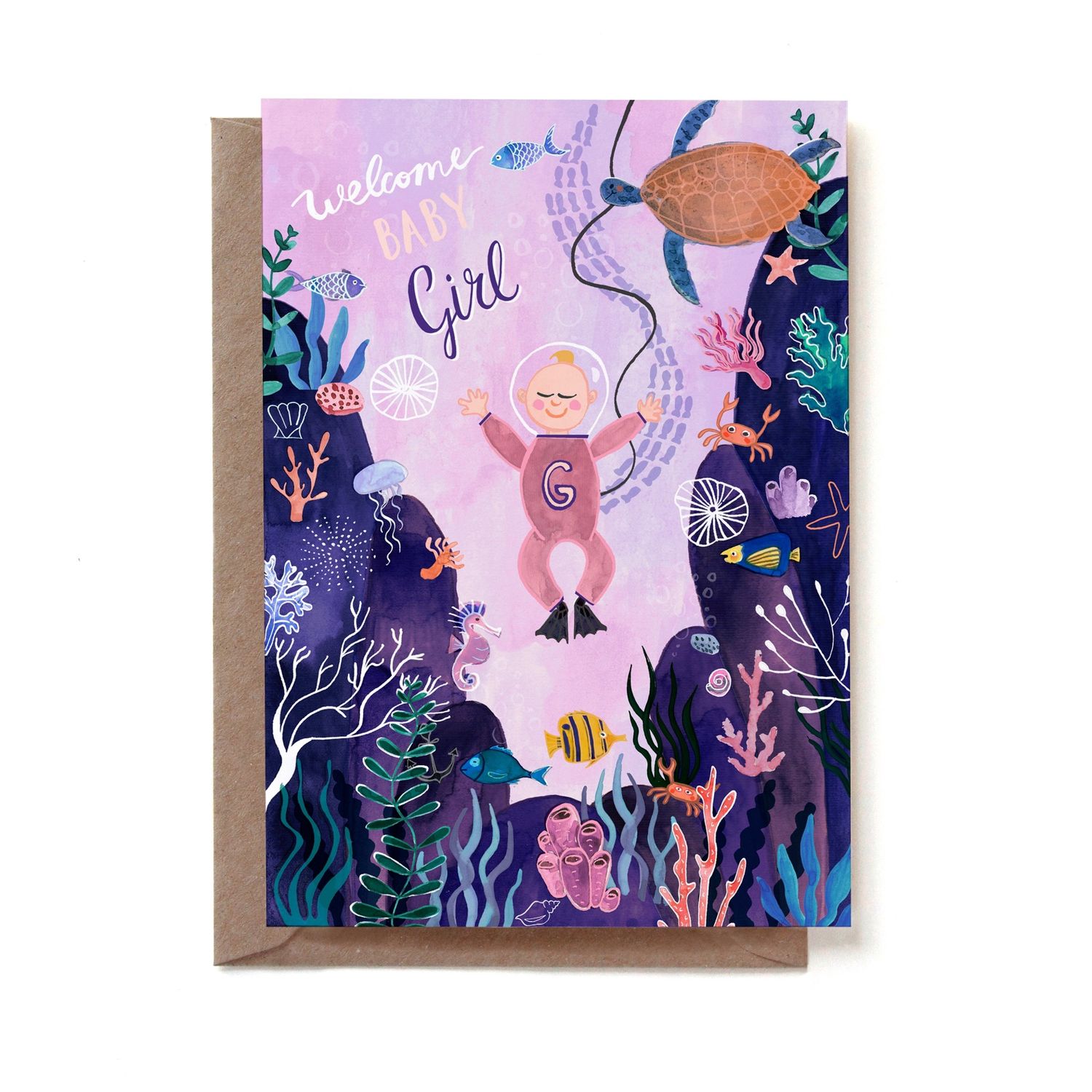 Dubbele kaart baby girl ocean &#39;Welcome baby girl&#39;
