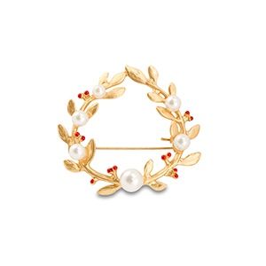 Broche krans met parels goud wit/rood