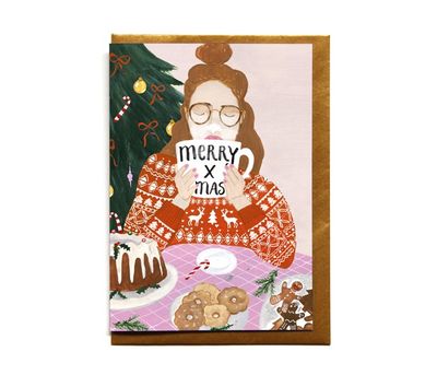 Kerstkaart · Kerstmeisje met mok