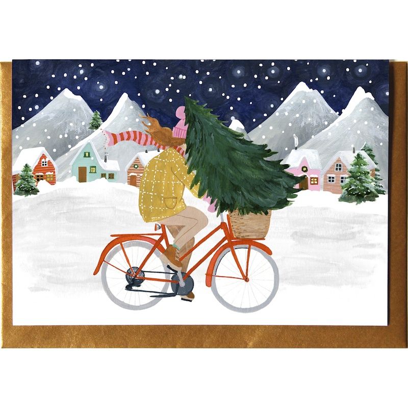 Kerstkaart · Kerstboom op de fiets
