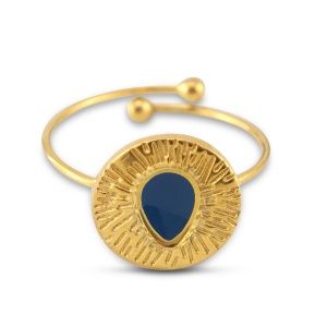 Ring enamel round with drop Gold-cerulean blue