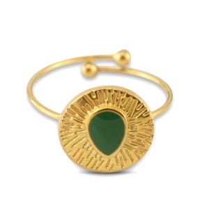 Ring enamel round with drop Gold-dark green