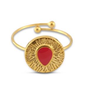 Ring enamel round with drop Gold- magenta pink