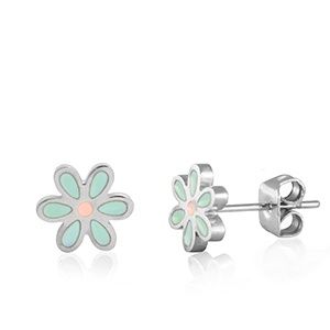 Oorbellen oorsteker flower Turquoise-silver