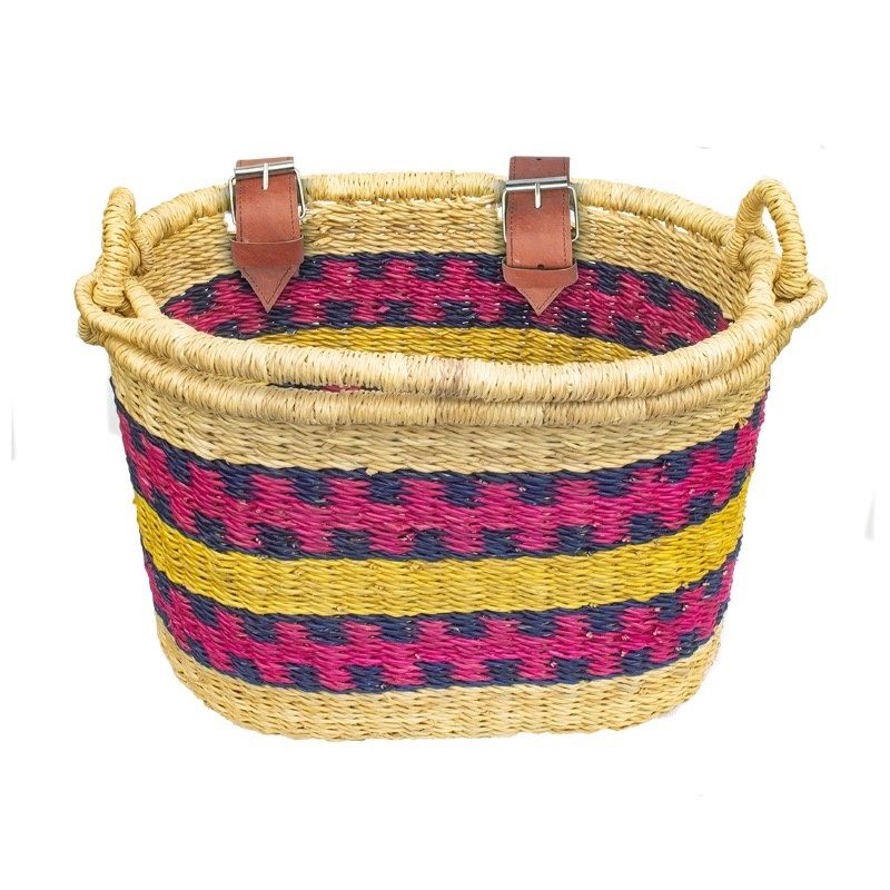 Fietsmand handgeweven · roze/blauw