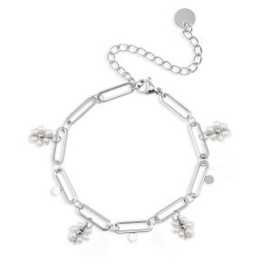 Armband stainless steel pearls and flowers silver