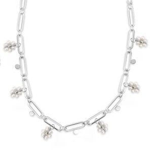 Ketting stainless steel pearls and flowers silver