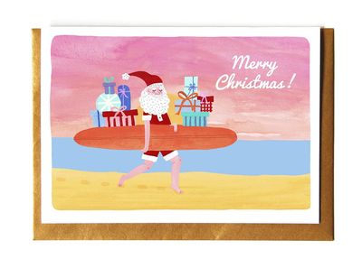 Kerstkaart · Surfende kerstman