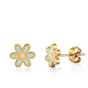 Oorbellen oorsteker flower Turquoise-gold
