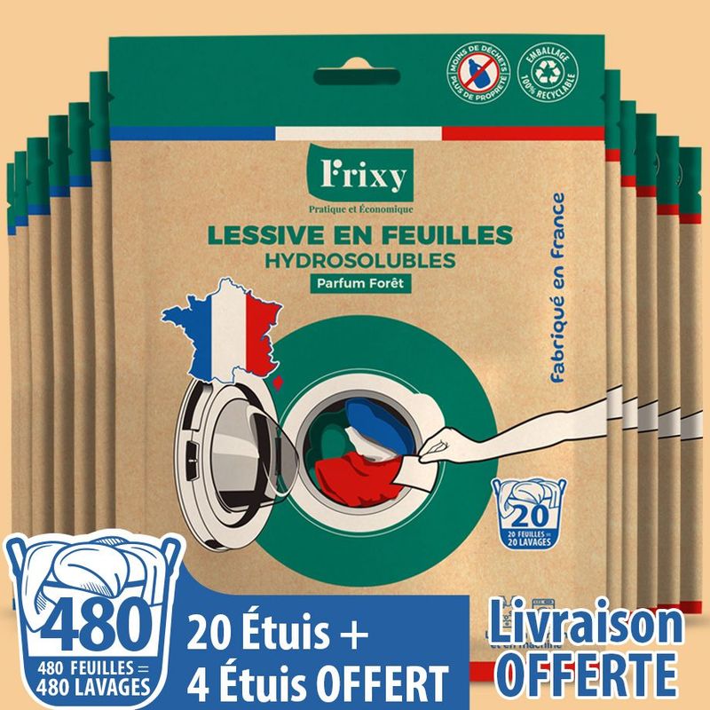 LESSIVE en feuilles solubles 20 packs + 4 packs gratuits (Fabriqué en FRANCE)