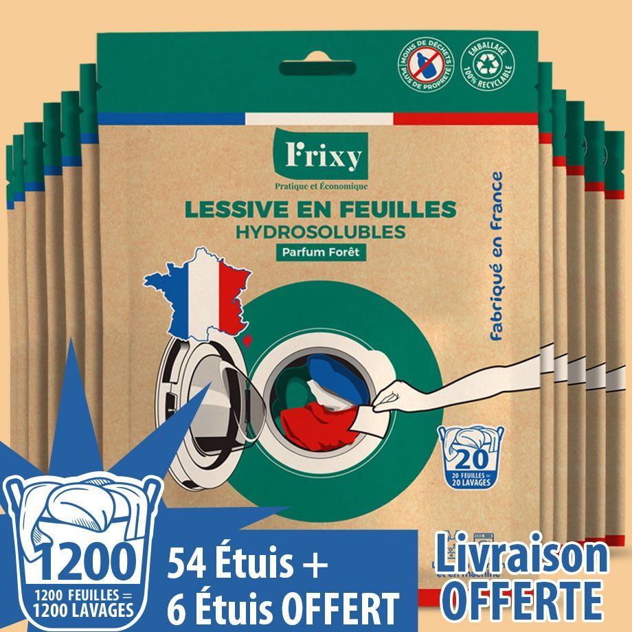 LESSIVE en feuilles solubles 54 packs + 6 packs gratuits (Fabriqué en FRANCE)