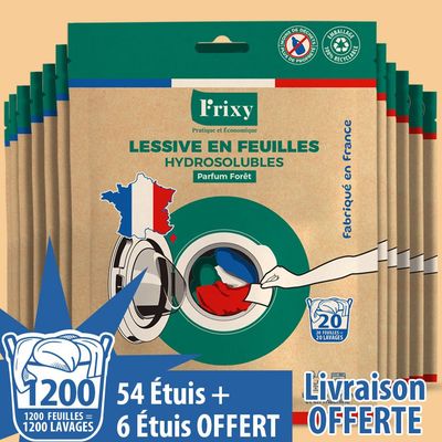 LESSIVE en feuilles solubles 54 packs + 6 packs gratuits (Fabriqué en FRANCE)