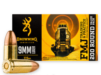 Browning HG Ammo 9mm, 115 FMJ, VALUE PACK, 200rd Box