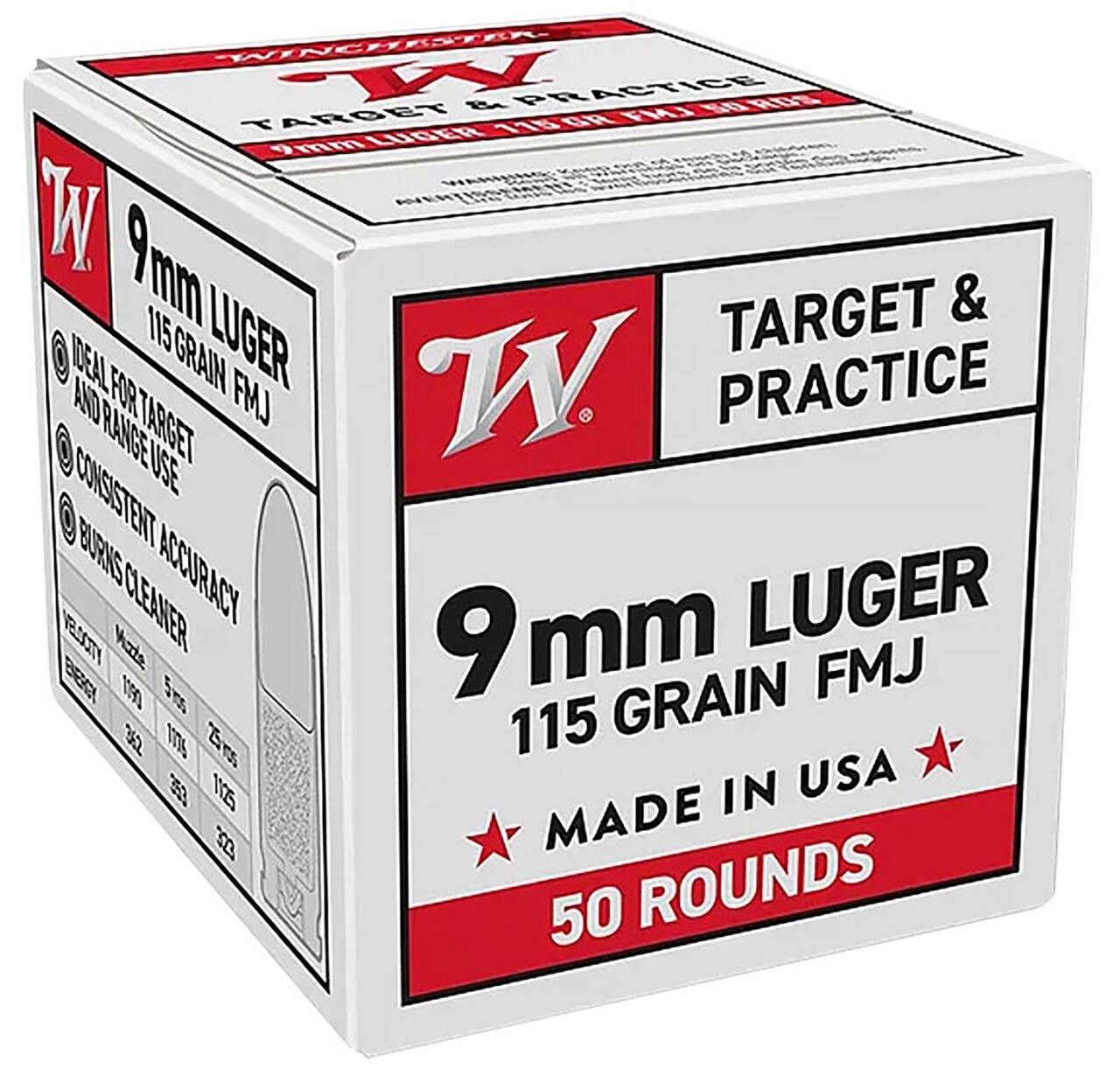 Winchester USA White Box Brass 9mm 115-Grain 50-Rounds FMJ