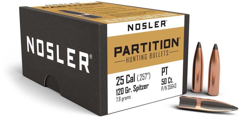 Nosler Partition 25 Cal .257" 120gr Spitzer Bullets (#35643)