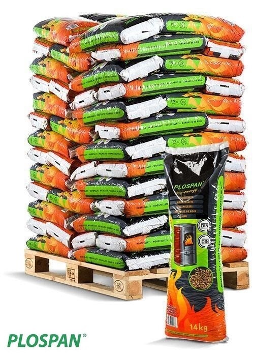 Plospan Houtpellets 14kg &quot;Mix&quot; A1 per pallet a 56 zakken exclusief verzendkosten (€ 36,30).