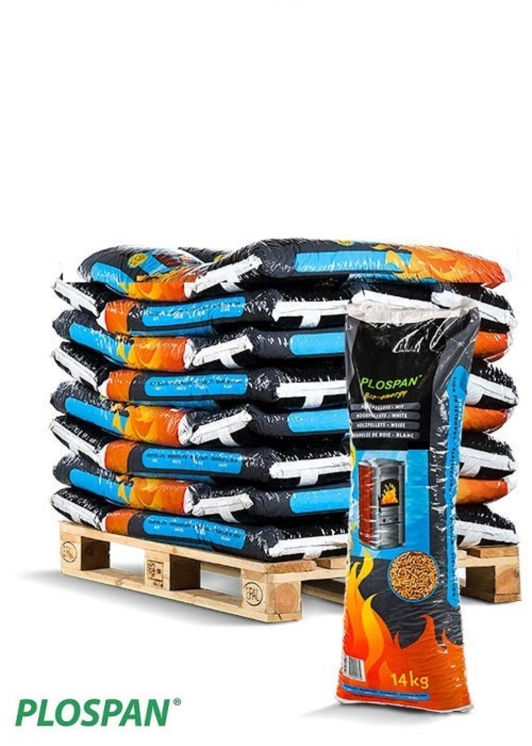 Plospan Houtpellets 14kg "wit" A1 per pallet a 28 zakken exclusief verzendkosten + dieseltoeslag(€ 60,50).